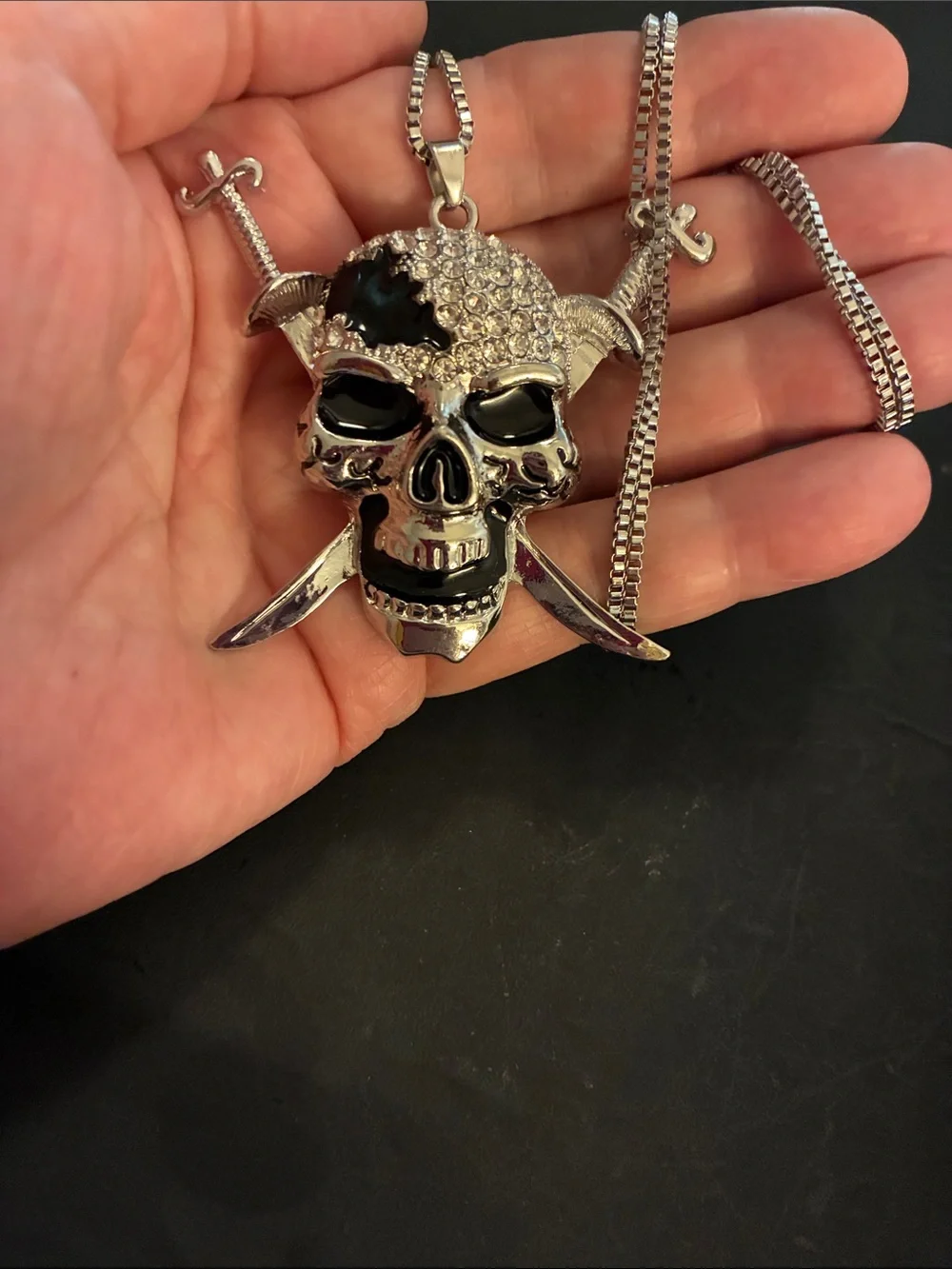Silver Skull & Crossed Swords Pendant Necklace - Black Accents